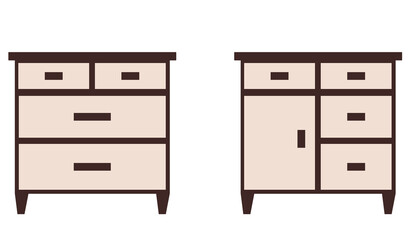 Set of bedside tables. The style of the sketch. Collection of modern furniture for the bedroom, study, living room. Vector illustration in flat style.