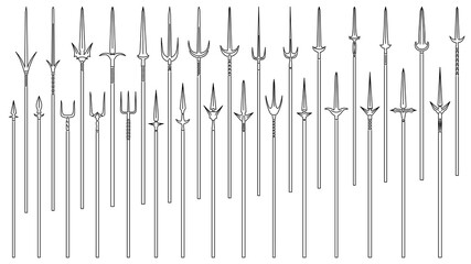 Set of simple vector images of medieval spears and tridents drawn in art line style.