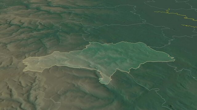 Barnsley, administrative county with its capital, zoomed and extruded on the relief map of England in the conformal Stereographic projection. Animation 3D