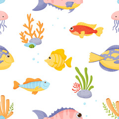 Naklejka premium Marine life. Seamless pattern cartoon style isolated on white background.