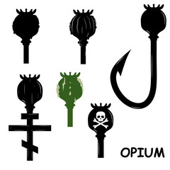 Opium drug skull logo danger flower icon AIDS tape tablets opium poppy tube for hashish The concept of death addiction on the needle Modern creative design Design for print clothes badge banner poster