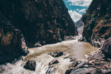 Tiger Leaping Gorge, the origin of Yangtze River, in Yunnan Province, China, on a cloudy day.