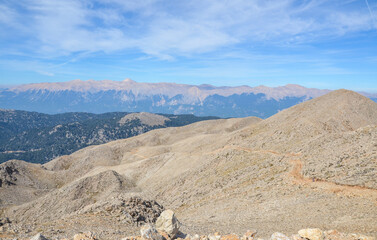 Beautiful view to the Taurus mountains and Mediterranean Sea from the top of Tahtali mountain near Kemer, Antalya, Turkey 