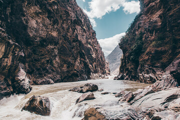 Tiger Leaping Gorge, the origin of Yangtze River, in Yunnan Province, China, on a cloudy day.