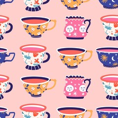 Set of various cups with tea, coffee. Trendy different ornaments. Flowers, berries, etc. Modern hand drawn colored vector seamless pattern. Cartoon style. Flat design. Isolated on a pink background