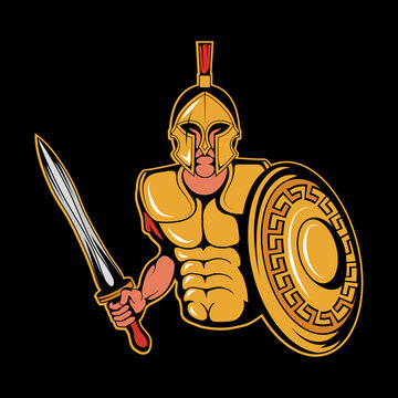 Illustration of a Roman Warrior. Spartan for tattoo or t-shirt print. Roman illustration for a sport team. Vector character. Sketch fot mascot, logo or symbol. Spartan Warrior on black background