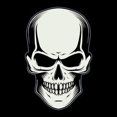Vector illustration of a skull. Human skull for tattoo or t-shirt print. Jaw illustration for a sport team. Vector character. Sketch for mascot, logo or symbol. Skull on black background.