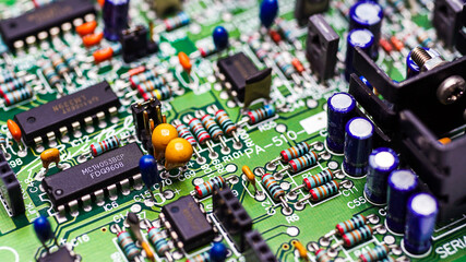 Close-Up Resistors and electronics on board electrical circuits.