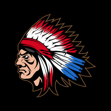 Illustration of a Indian Chief. Indian warrior for tattoo or t-shirt print. Warrior illustration for a sport team. Vector character.Sketch for mascot, logo or symbol. Indian Chief on black background