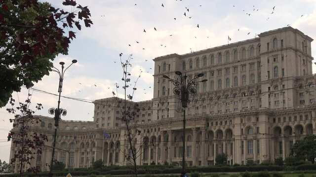 4k video Exterior of Romania’s Palace of Parliament, known as House of the People. Built in Bucharest by dictator Nicolae Ceausescu during the communist Romania