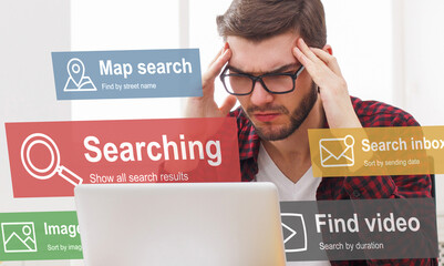 Tired Man At Laptop Browsing Internet Searching Information Indoors, Collage
