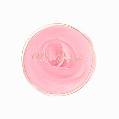 Pastel pink rose paint logo design background with golden round frame - Vector. Pink flower logo design. 