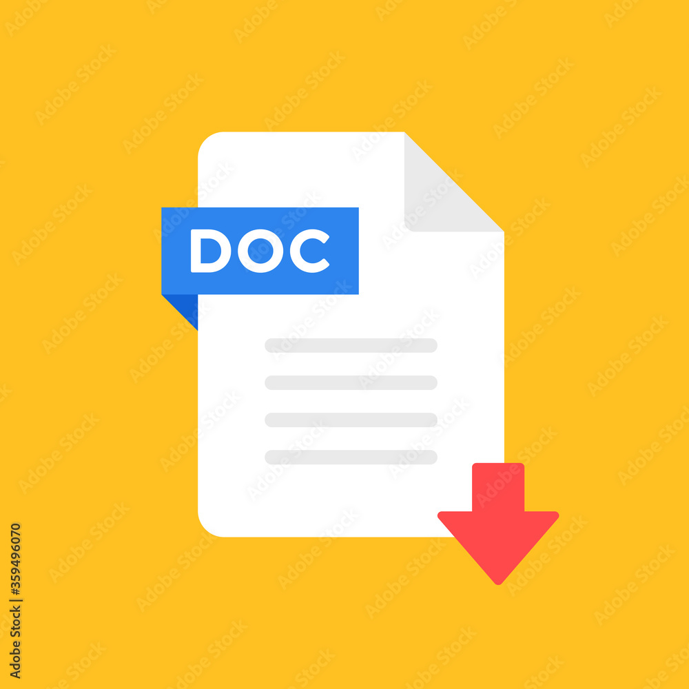 Poster download doc icon. doc file with down arrow symbol. downloading document. flat style design. vector 