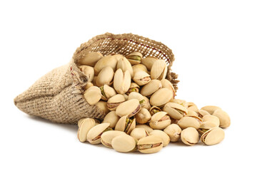Tasty pistachios in sack on white background