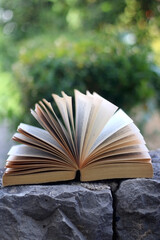 Open book in a garden. Selective focus.