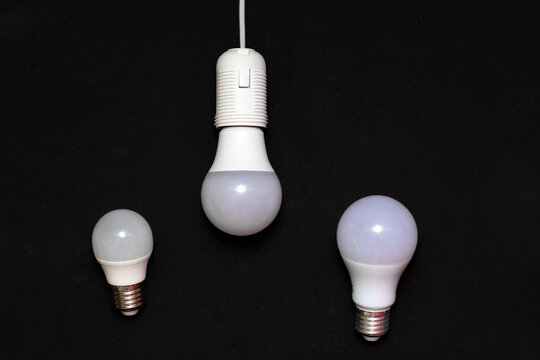 Three LED lamps in different sizes. The small lamp is lit. Electricity Saving Concept. The photo