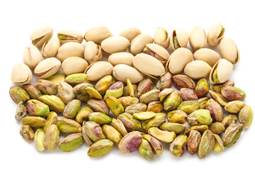 Tasty pistachios on white background
