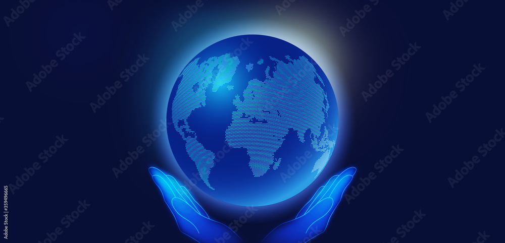 Poster globalization and digital world. futuristic hands holding 3d globe with dotted map
