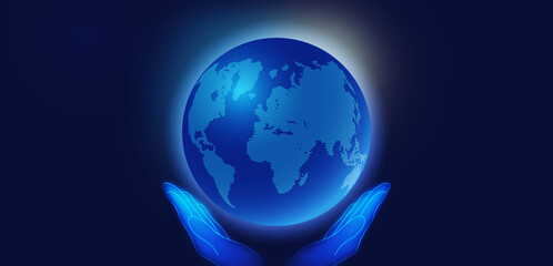 Globalization And Digital World. Futuristic Hands Holding 3d Globe With Dotted Map