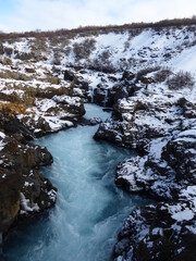 River running through snowy rocks in Iceland