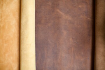 Camel and brown color real leather. This leather is used in the production of handbags, backpacks, shoes and accessories etc. One piece leathers.  