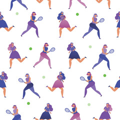 Seamless pattern with women or girls as tennis players, flat vector stock illustration with people and tennis rackets isolated on white background
