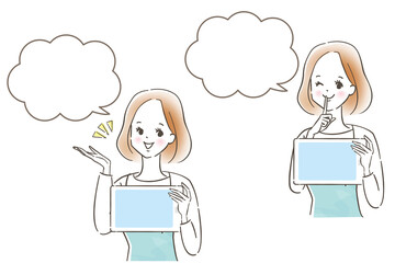 タブレットを持って説明する笑顔の女性/内緒/こちら/パステル画/手描き