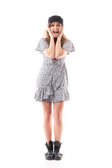 Enthusiastic overjoyed young expressive woman screaming and shouting with open mouth looking at camera. Full length isolated on white background. 