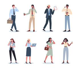 Business woman and man with mobile phone set. Collection of female