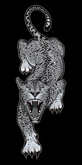 Vector illustration of a Jaguar. Predator mammal for tattoo or t-shirt print. Wild animal illustration for a sport team. Vector character.Sketch for mascot, logo or symbol. Panther on black background