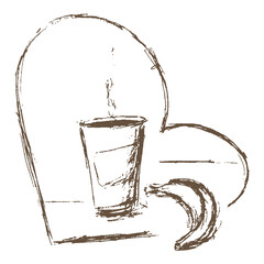 Sketch of coffee cup with a banana on  background of hearts 