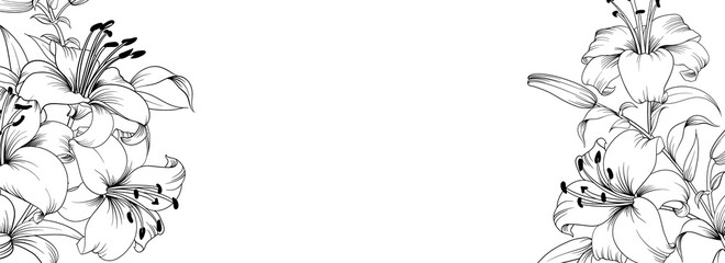 Botanical elements design template. Panoramic simple design with frame flowers. Herbal vector frame