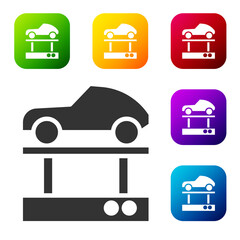 Black Repair car on a lift icon isolated on white background. Repair of the underbody, suspension, wheels and engine. Set icons in color square buttons. Vector Illustration