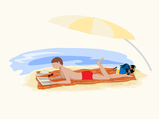 Man with a book sunbathes on the beach lying on a striped towel