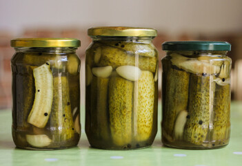 Cucumbers in the jars, pickled vegetables