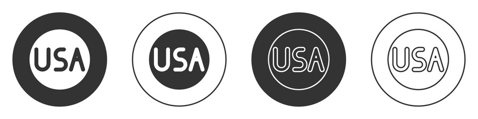 Black USA label icon isolated on white background. United States of America. Circle button. Vector Illustration
