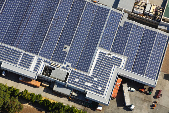 Cape Town, Western Cape / South Africa - 02/17/2016: Aerial photo of solar panels on a rooftop