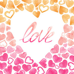 Watercolor hand drawn illustration of hearts and hand drawn inscription love on white background. Nice watercolor poster for valentine`s day design.