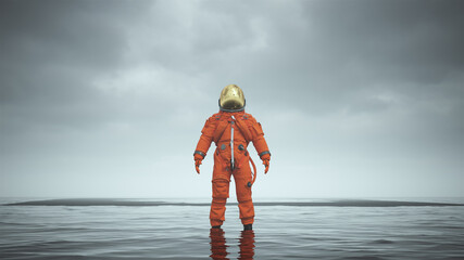 Mysterious Astronaut with Gold Visor Standing in Water with Black Sand 3d illustration 3d render   © paul