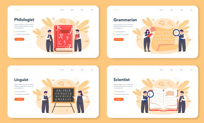 Philologist web banner or landing page set. Professional scientist