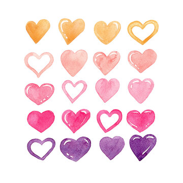 Watercolor hand drawn orange, pink, purple, violet hearts on white background isolated. Nice watercolor hearts for your romantic design.