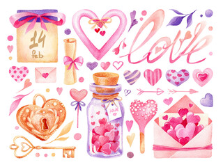 Happy Valentine`s day watercolor set with cute elements, vintage lock and key, cute bank, lettering, hearts, branches,letter, pink, purple, yellow on white background isolated.