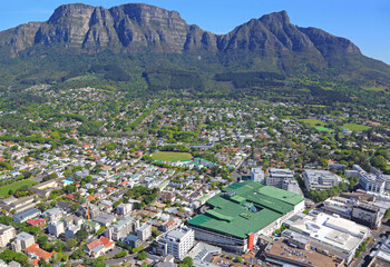 Cape Town, Western Cape / South Africa - 10/03/2016: Aerial photo of Cavendish with Table Mountain in the background