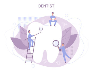 Group of small dentists in uniform treat giant tooth using medical