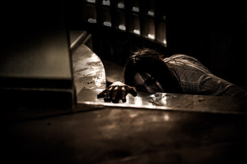 Portrait of asian woman make up ghost face with blood,Horror scene,Scary background,Halloween...