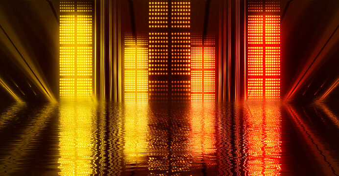 Light neon effect, energy waves on a dark abstract background. Laser colorful neon show. Reflection of light in the water. Smoke, fog. Neon lights of the night city. 3d illustration