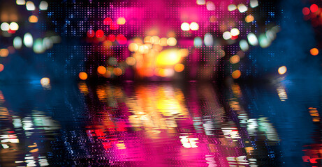 Light neon effect, energy waves on a dark abstract background. Laser colorful neon show. Reflection of light in the water. Smoke, fog. Neon lights of the night city. 3d illustration