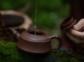 Man pouring water in clay Chinese teapot in forest  