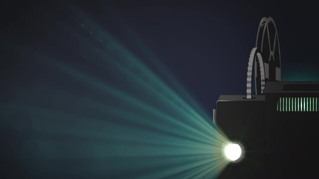 Retro film cinema projector on black throws a beam of light into the room. Digital animation loop
