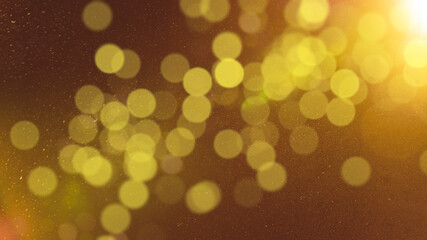 Golden colored defocused bokeh lights background - horizontal wallpaper, poster. Stylish, festive and elegance shot. Trendy colors. Illuminated, lights, glitter effects. Celebrative decoration.